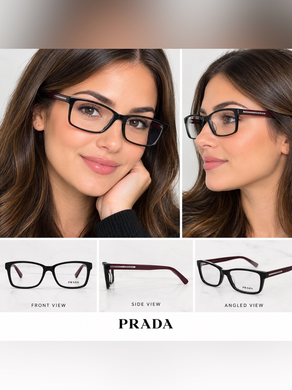 Prada Black Rectangular Optical Glasses with Burgundy Temples
